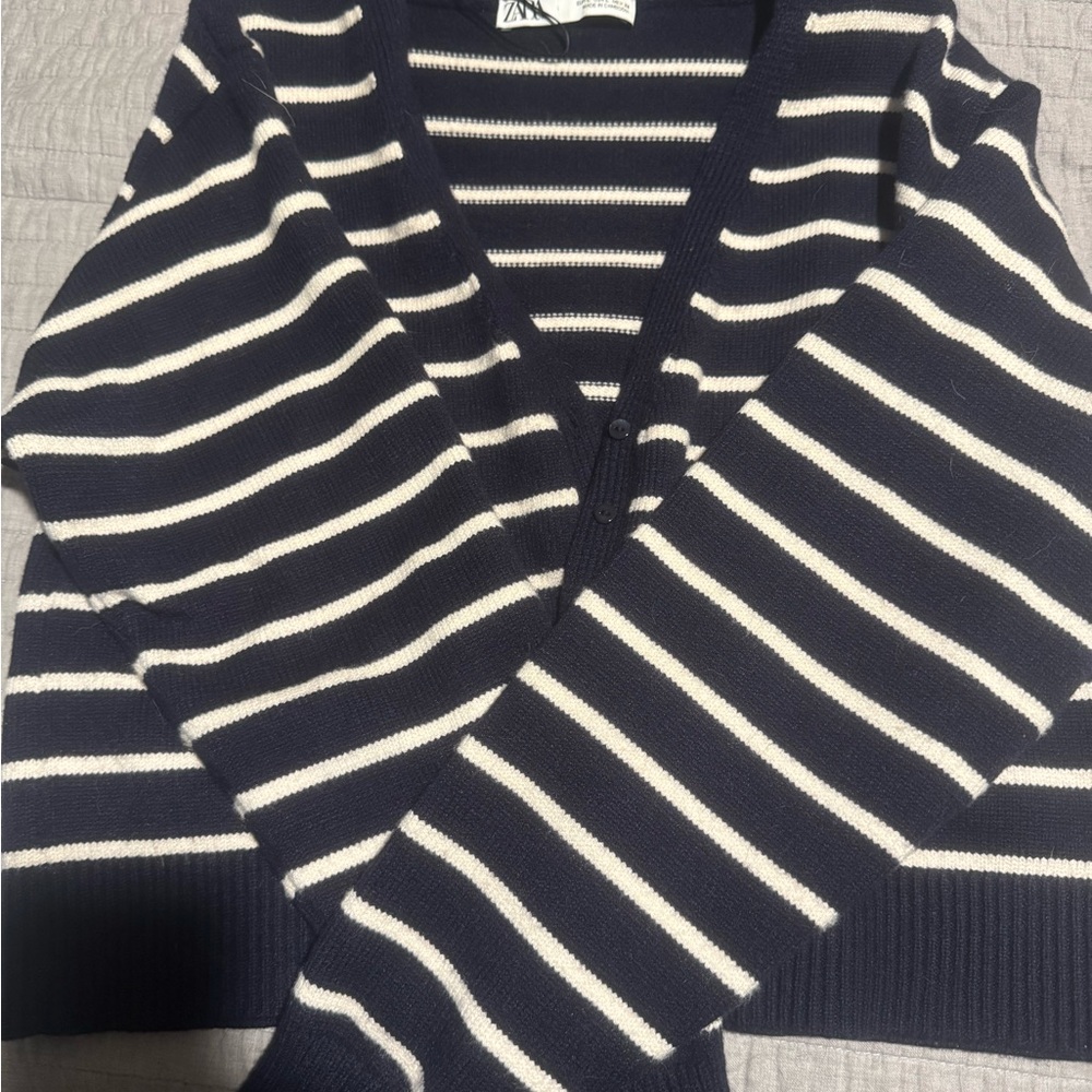 Zara Navy and White Striped Cardigan